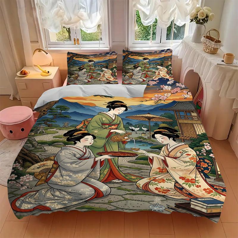 Geisha Women Traditional Attire Print 3Pcs Bedding Setduvet Cover With 2 Bedropillowcase Home Birthday Gift