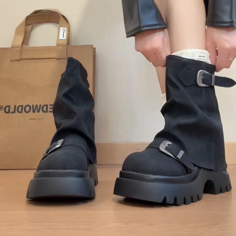 Retro Versatile Thick-soled Heightening Martin Boots Women's Autumn and Winter Fashion Casual Short Boots Maillard French Skirt Medium Boots