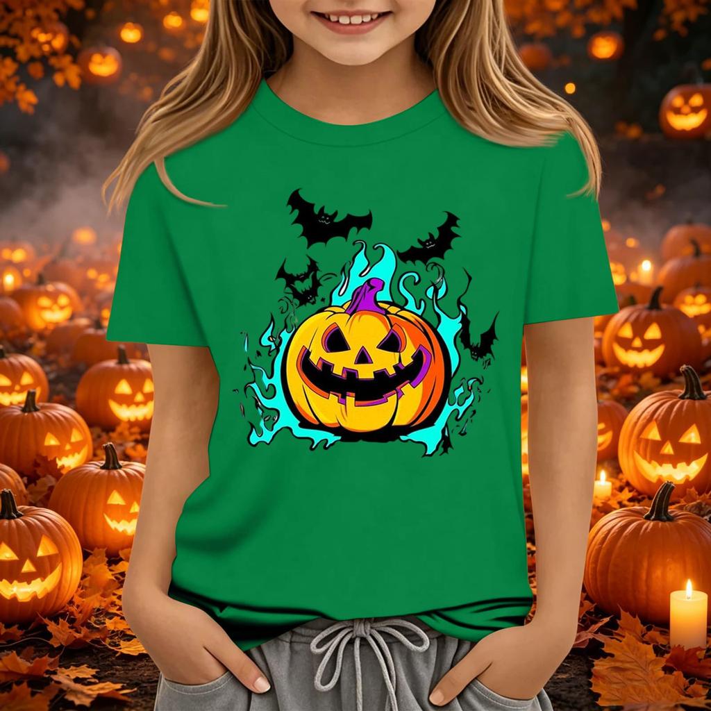 Kids Halloween Printed Neck Short Sleeve T-Shirt Loose Fit Casual Top