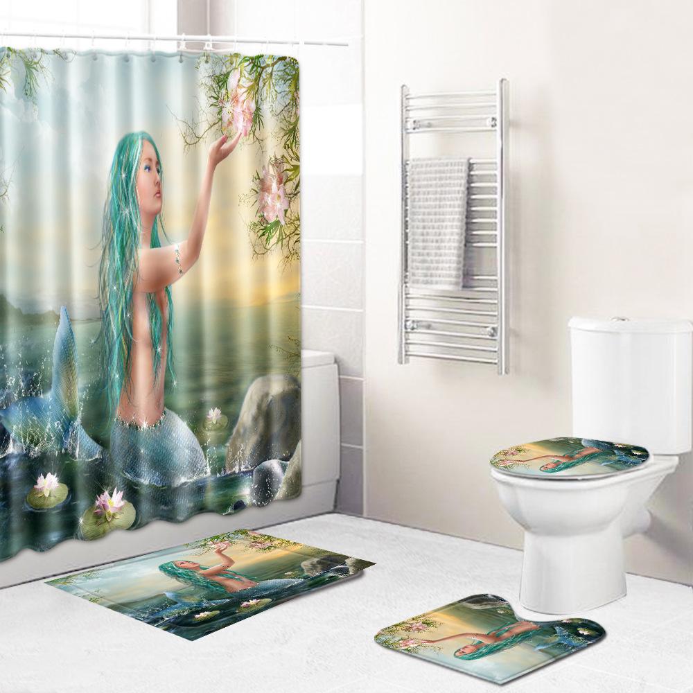 Fashion Sea World Dolphin Shower Curtain Set Bathroom Non-Slip Bath Mat Toilet Lid Cover Polyester Waterproof