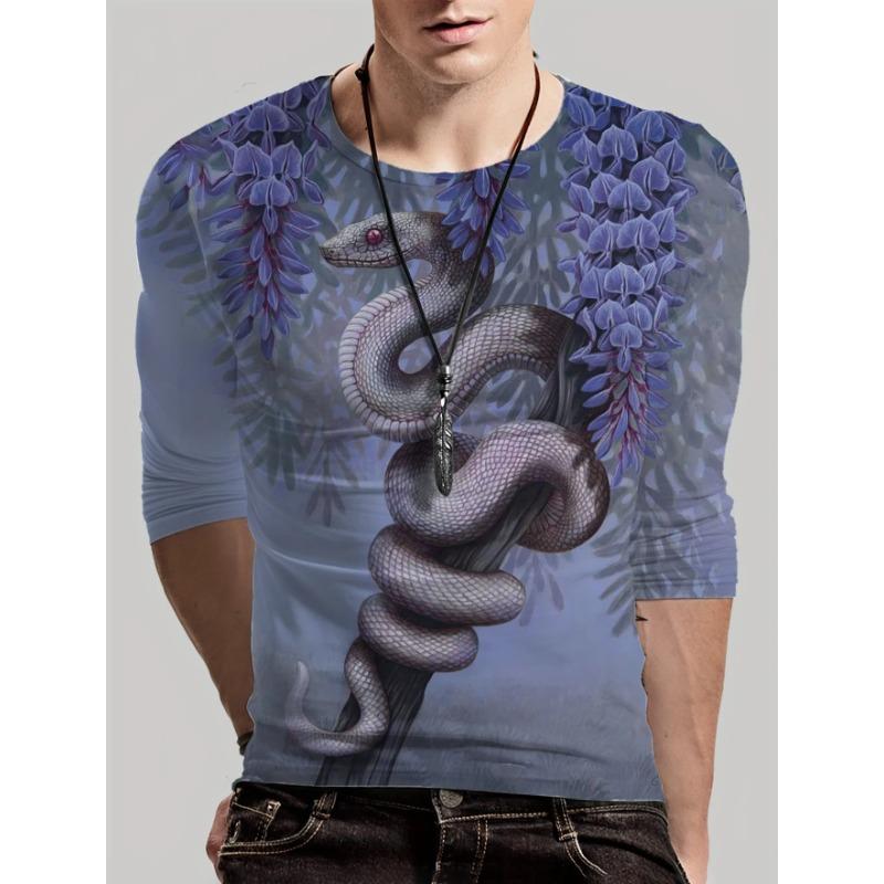 Round Neck 3D Snake Printed Top Casual Long Sleeved Men's T-shirts - Soft Medium Stretch Polyester Fabric Spring and Autumn Relaxed Fit Clothing
