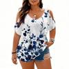 Women’s Short Sleeve Cold Shoulder Top Casual Loose Fit Printed Blouse for Daily Office and Wear