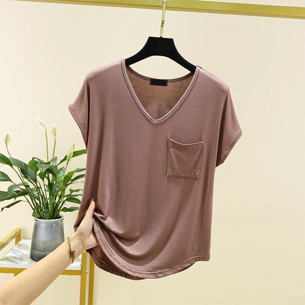 Women's Loose Casual V-neck Pocket Short Sleeved T-shirt For Summer Thin Cut Single Top Solid Color Inner Layer Bottom Layer