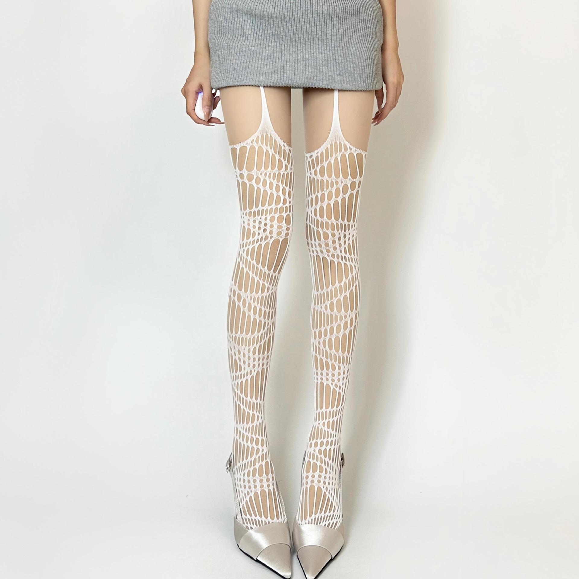 

One-piece Suspender Fishnet Stockings Jacquard Ripped Hollow Out Stockings Pure Desire White Lace Pantyhose Free size білий