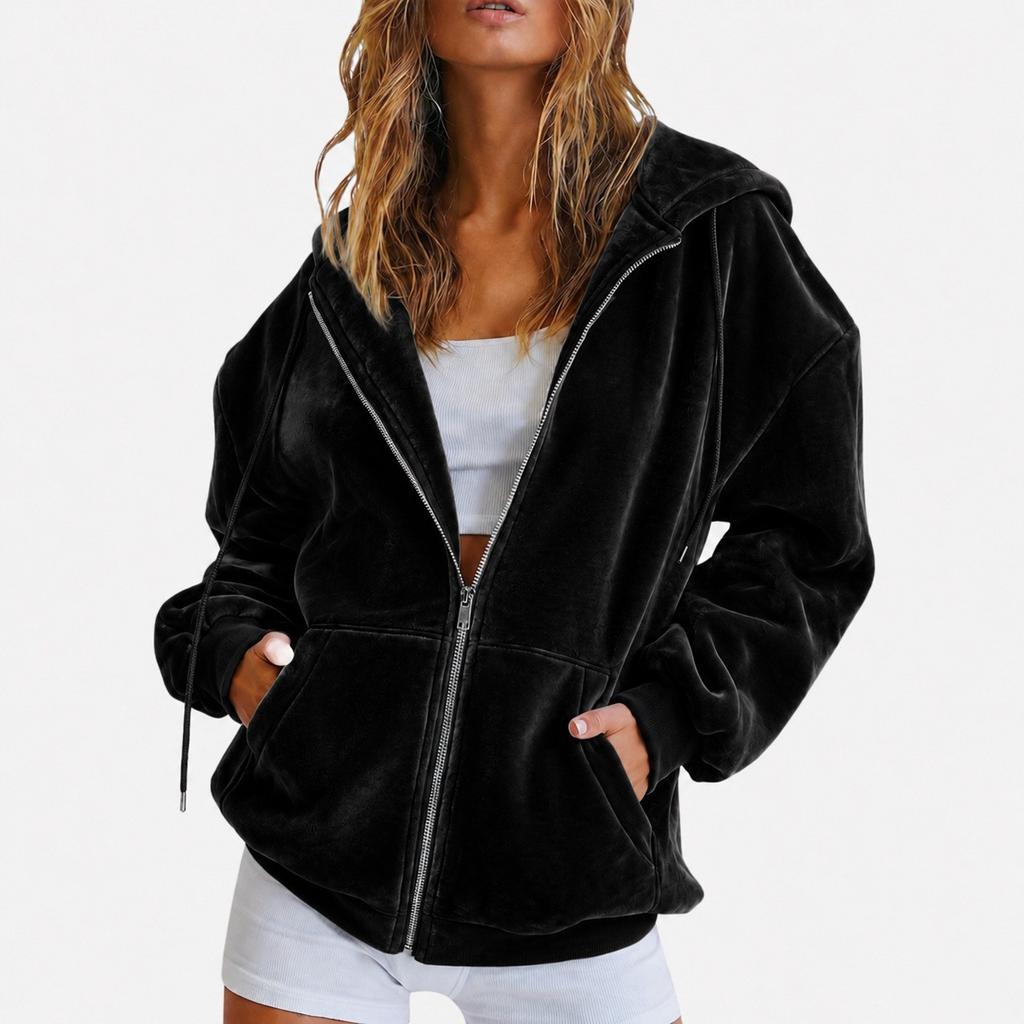 Women Jacket Solid Color Velvet Loose Fit Hooded Sweatshirt Long Sleeve Casual Outerwear Grey Navy Burgundy Zip Up Jacket