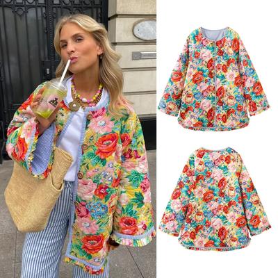 2023 Autumn Women's Fashion Versatile Round Neck Stripe Spliced Print Retro Quilted Cotton Coat