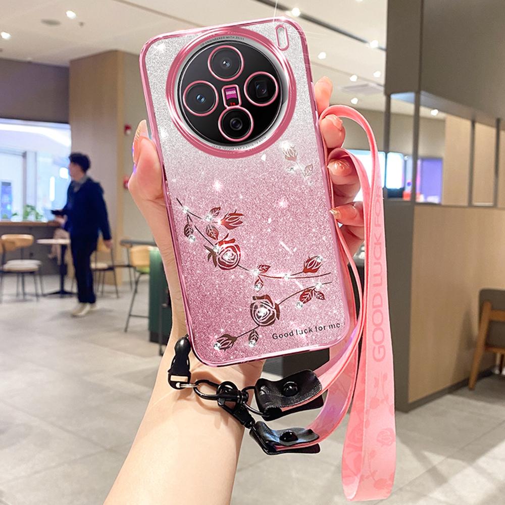 

For vivo X200 Pro 5G Case Flower Pattern TPU Gradient Phone Cover with Lanyards Rose Gold