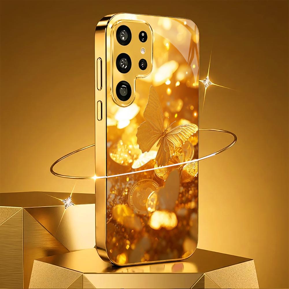 Goldener Schmetterling Glas Handyhülle für Samsung Galaxy S26 S25 S24 S23 S22 FE Ultra Plus Eingebautes Glas Gold Exquisit Wunderschön