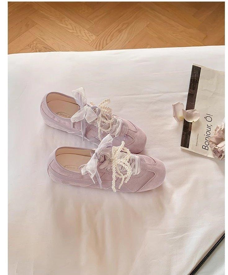 

[Armano] Кружевные жемчужные кроссовки на шнуровке для тренировок дофамина Агунд, женские балетные спортивные туфли на мягкой подошве для отдыха 40 розовый