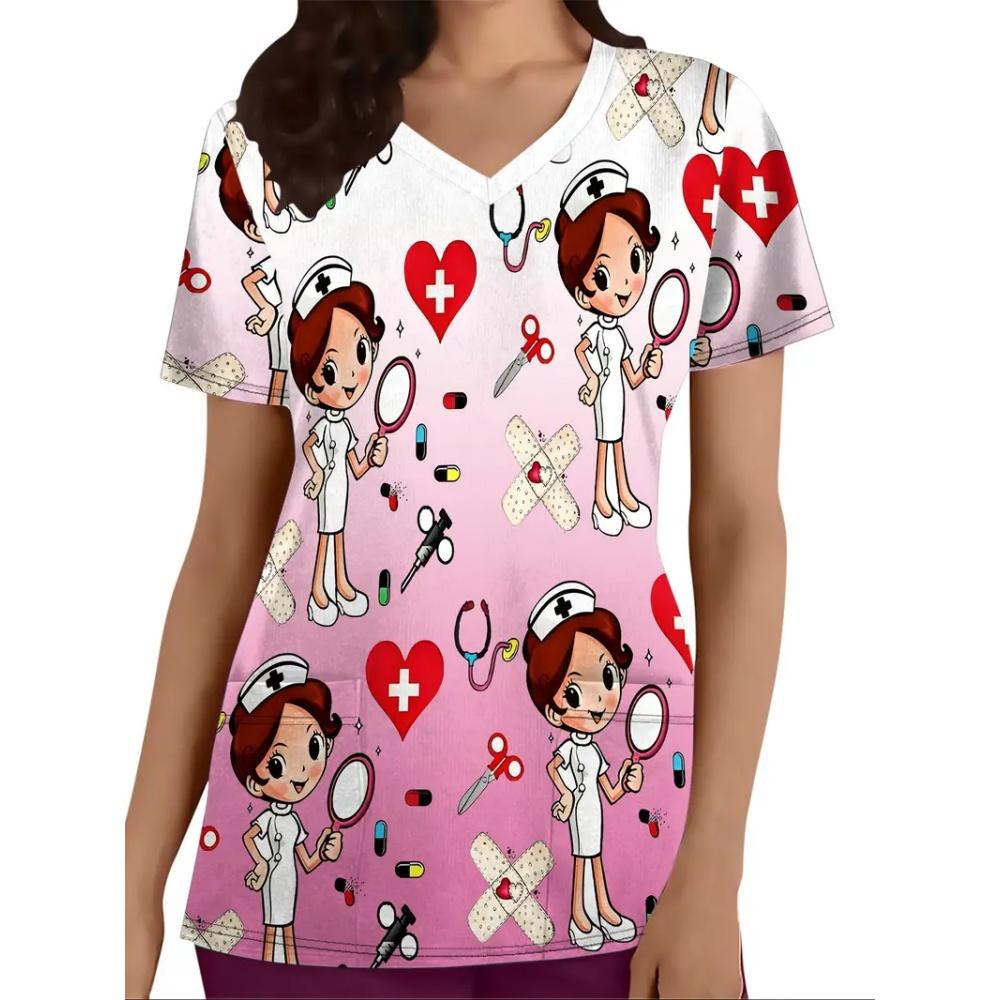 Surgical Uniforms Woman Dental Tool Patterns Health Care Scrub Uniform Fashion V-Neck Short Sleeve Tee Tops Oral Medical Clothes