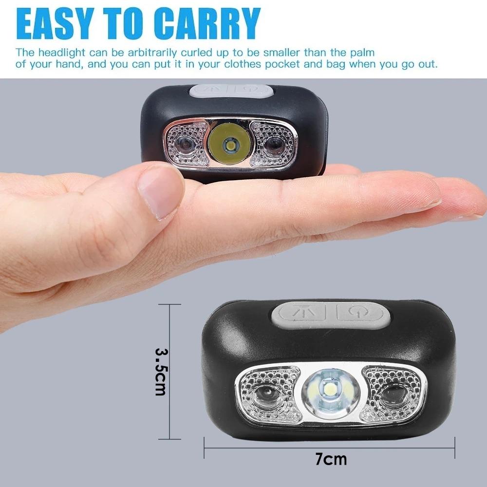 Mini LED Headlamp USB Rechargeable Headlight Wave Sensor Head Flashlight Outdoor Houshold Lamp for Camping Hiking Emergency Fish