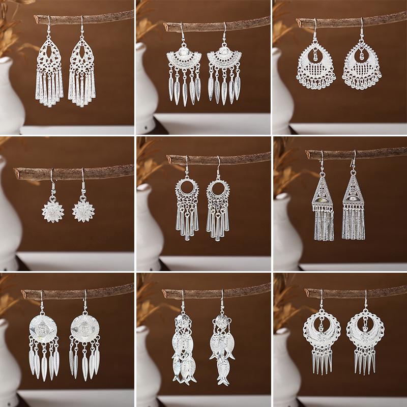 Ethnic Miao Silver Tassel Earrings - Retro Long Dangle Scenic Studs for Women
