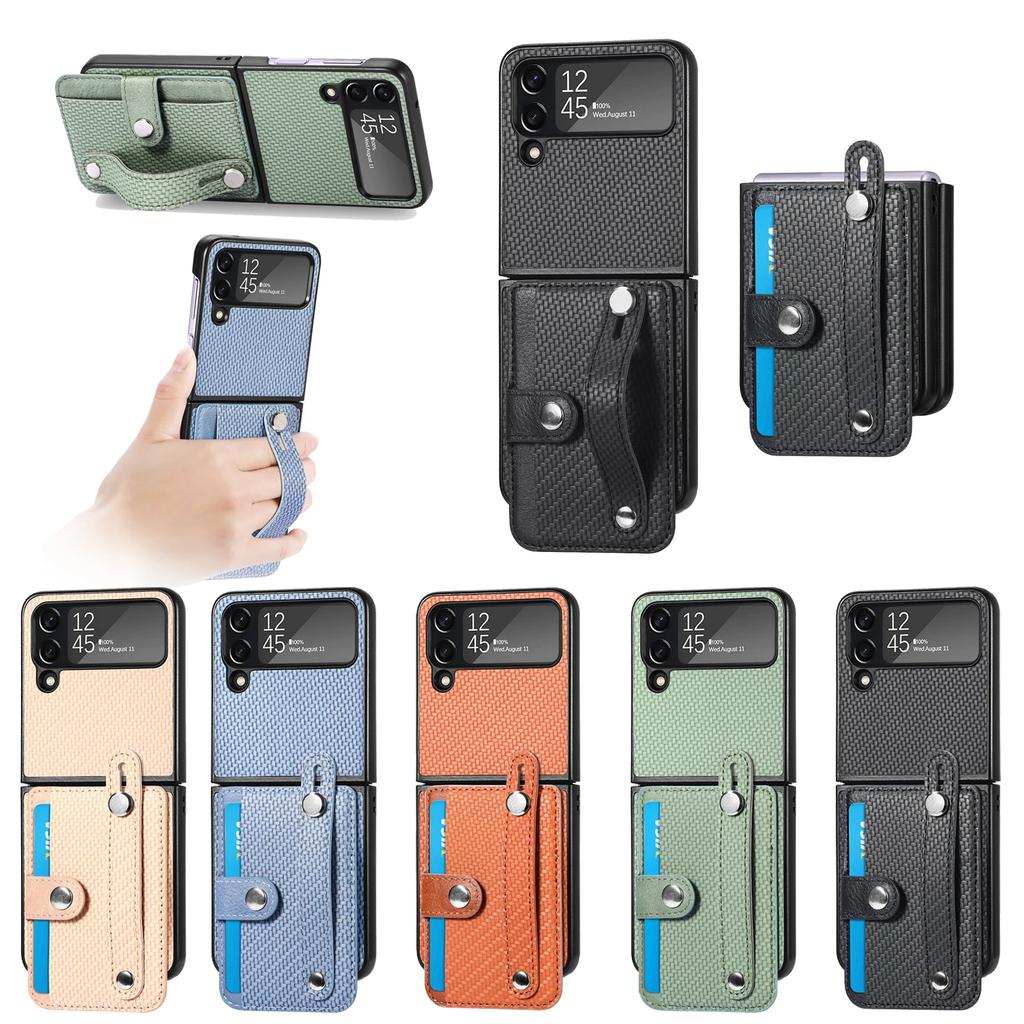 Cards Holder Wallet Wristband Case For Samsung Galaxy Z Flip 7 7FE 6 5 4 Flip6 5G Kickstand Carbon Fiber Shockproof Bag Cover
