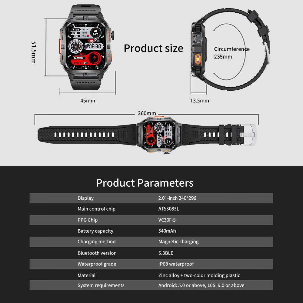2026 New Outdoor Military Men's Smart Watch Is Equipped with GPS LED Lighting Compass Wireless Communication IP68 Waterproof Smartwatch Music 540mah