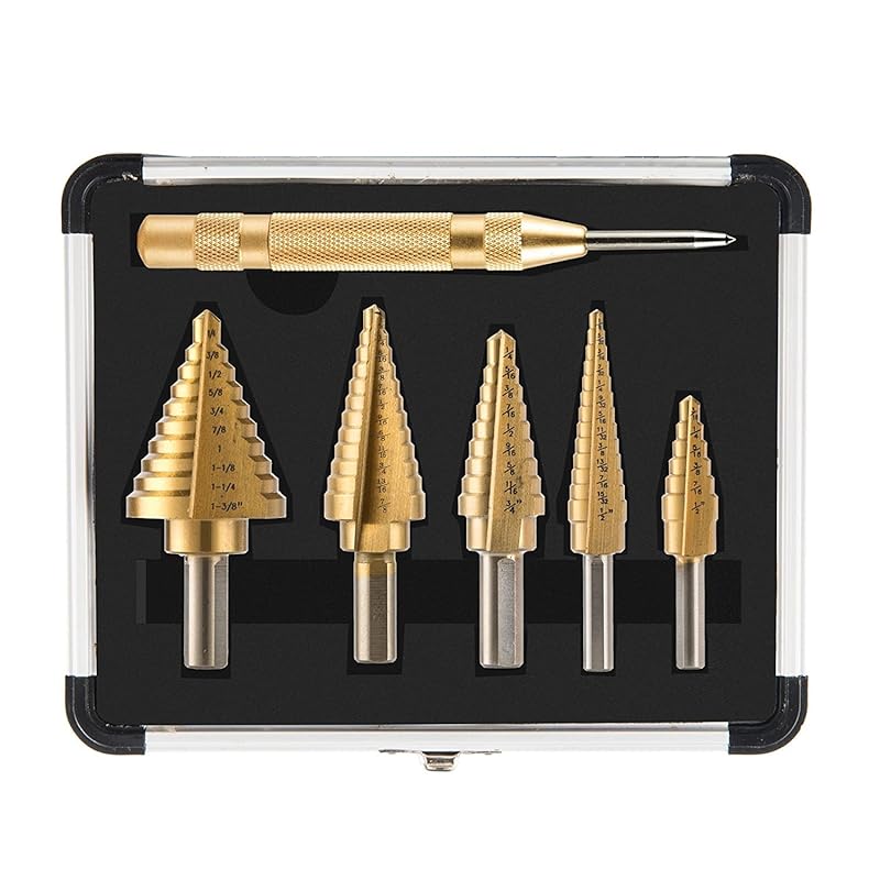 Step Drill Bits HSS 5PCS Titanium Step Drill Bit Set, 50 Sizes (1/8" to 1-3/8") High Speed Steel Unibit Drill Bits Set for Sheet Metal with Aluminum