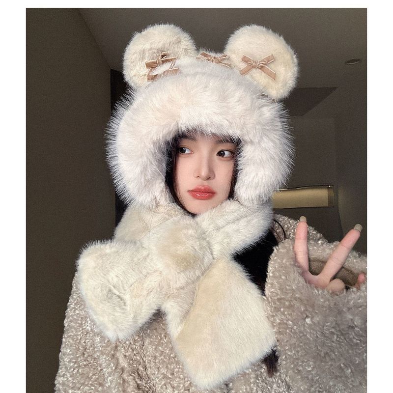 2025 New Winter Scarf Integrated Two-piece Set Cute Bow Plush Bear Ears Hat Women's Versatile