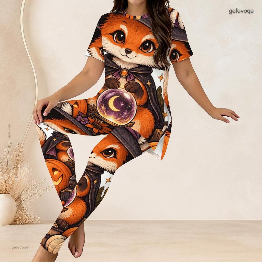 Women Plus Size Halloween Printed Round Neck Short Sleeve Long Top Fitted Long Pants Two Piece Set