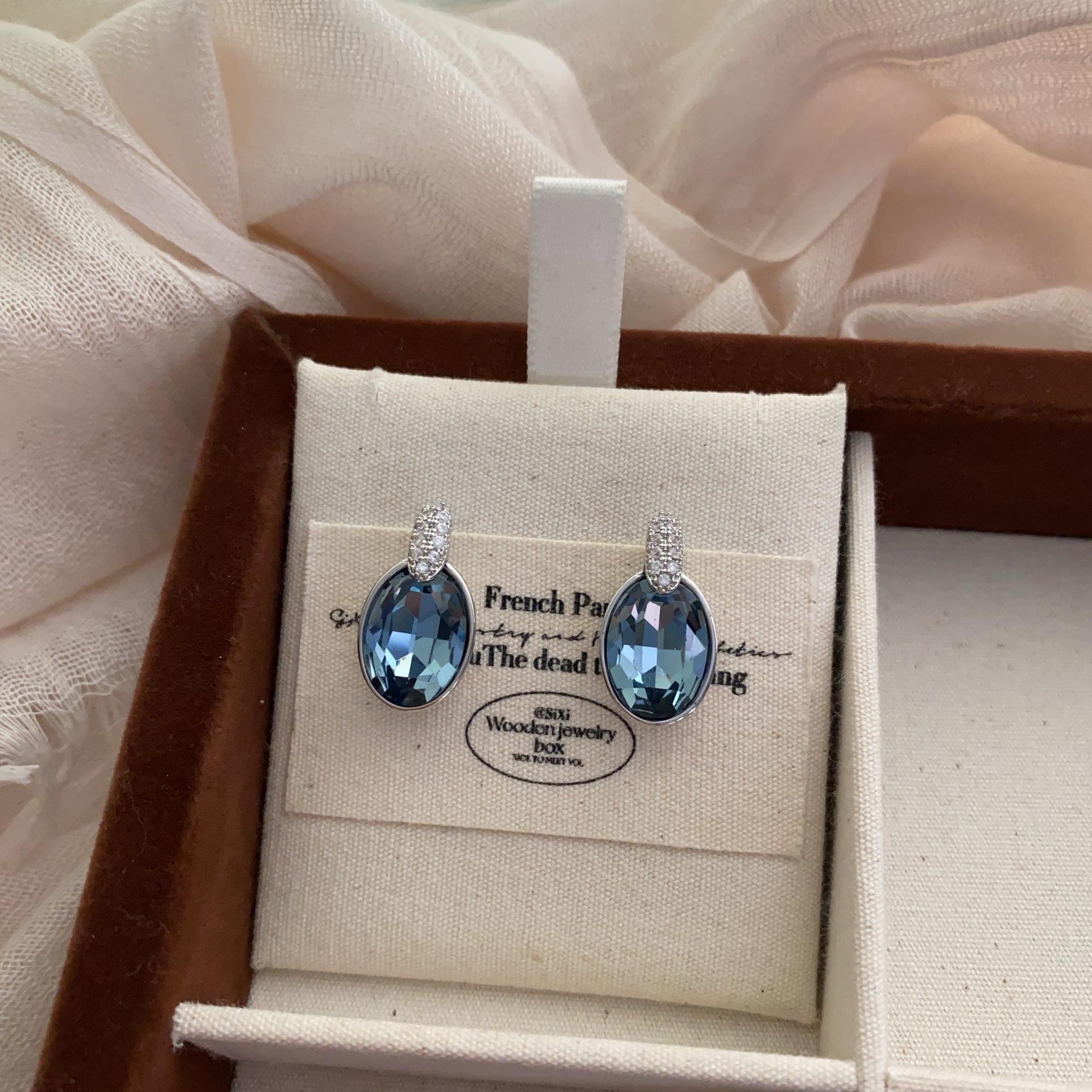 Oval French Niche Premium Temperament Stud Earrings Blue Brown Crystal Diamond Cut Earrings