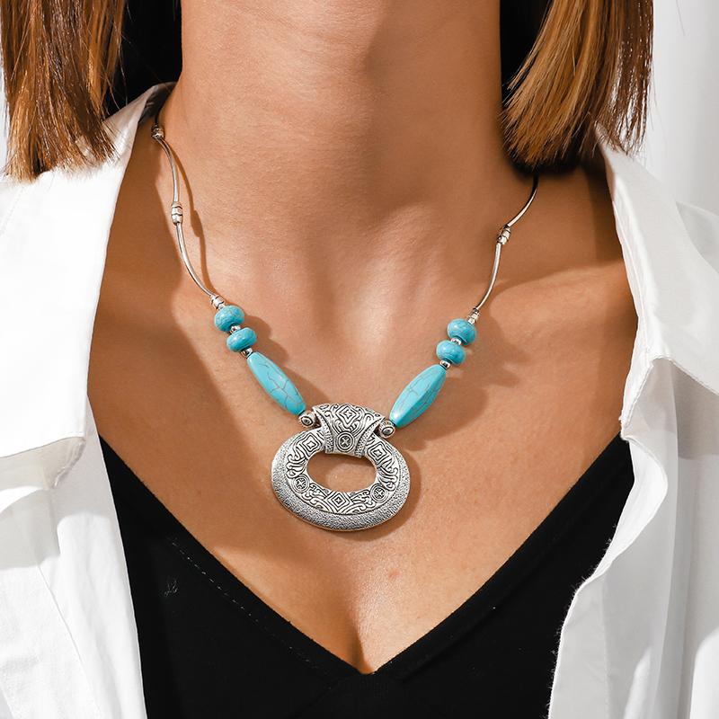 Aihua Böhmen Türkis Stein Halskette für Damen Choker Collier Femme Handgefertigte Ethnische Anhänger Halsketten Statement Schmuck