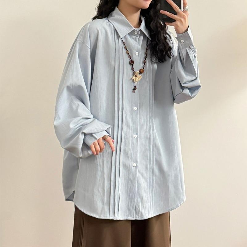 Women's Pleated Single Breasted Shirt Turndown Collar Striped Solid Color Ladies Long Sleeved Shirts Spring Casual Trendy Famale Top