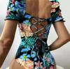 Swimsuit Women's Split One Piece Set High Waist Short Sleeve Ins Overshirt Drawstring Printed Bikini Suits