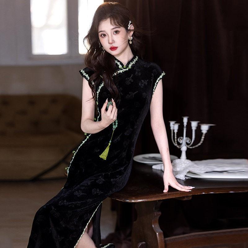 Black Velvet Sleeveless Long Cheongsam Dress 2026 Womens Elegant Modern Chinese Style Evening Gown