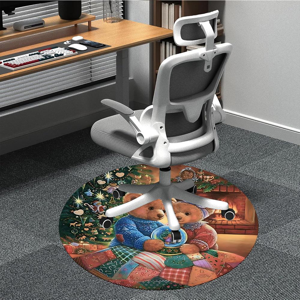 1pc Teddy Bears Christmas Chair Carpet for Office, Indoor Non Slip Washable Polyester Fiber Carpet,