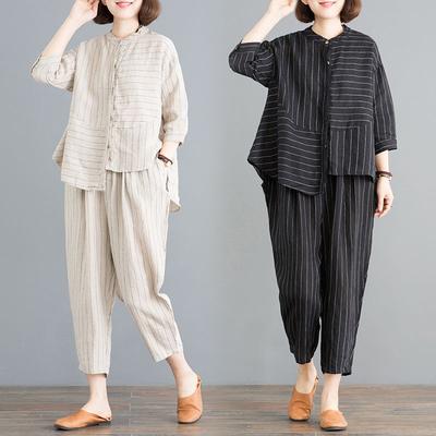 Summer Round Neck Half Sleeve Striped Single Breasted Shirt Sets Elastic Waist Cotton Hemp Pockets Loose Casual Haren Pants Suit