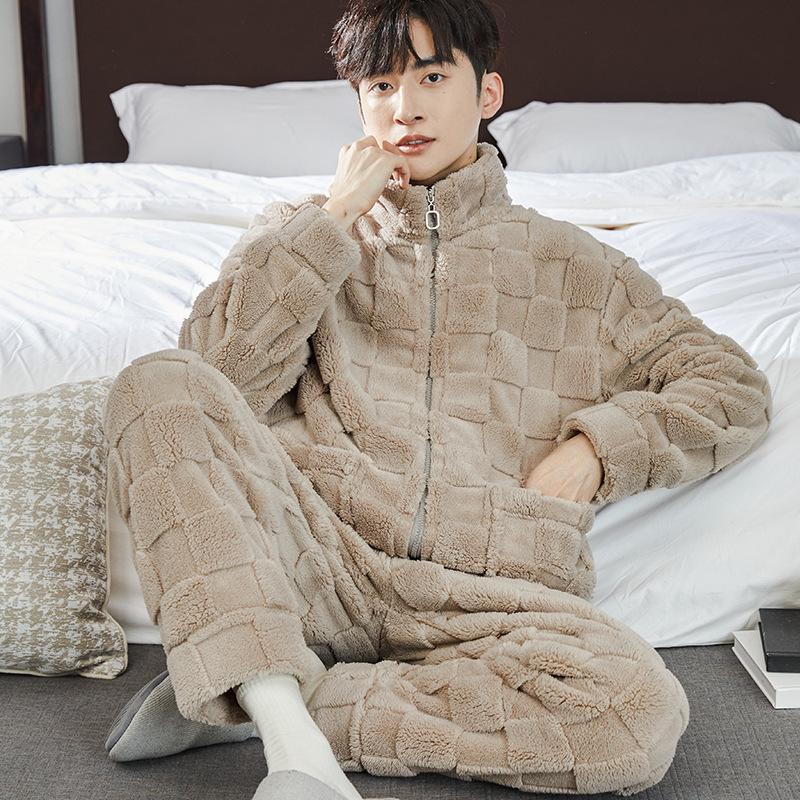 Men's Thick Coral Fleece Stand-Up Collar Zipper Pajamas - Warm Long Sleeve Homewear for Autumn & Winter