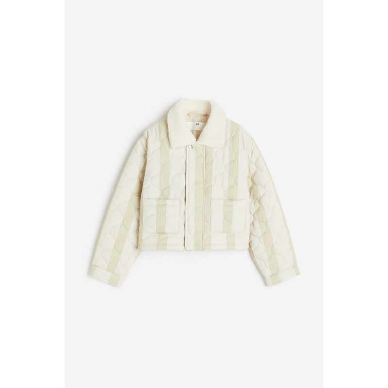 

HM Children s Clothing Girl Outwear Autumn Plaid Soft Teddy Plush Collar Long Sleeves Outwear 1206399 Light beige/Stripes 110/56(2-4Y)