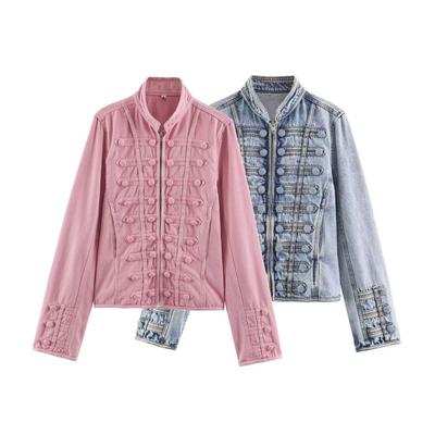 Chaqueta Vaquera para Mujer con Cuello Alto Cierre de Botones Cintura Ceñida Estilo Napoleón Ropa Exterior Casual Chic