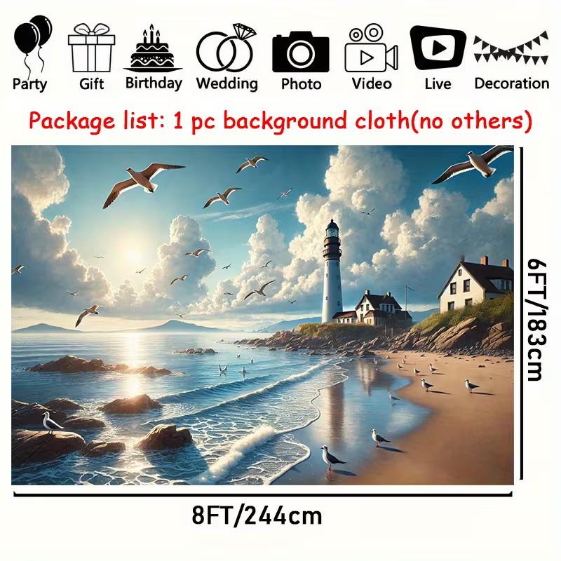 2D Coastal Seaside Backdrop, Lighthouse & Seagull Background for Summer Party Decor