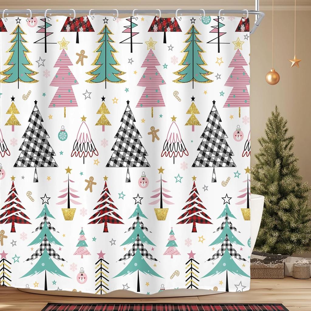 Christmas Shower Curtain For Bathroom Decor New Year Holiday Xmas Winter Gingerbread Colorful Green Red Pine Tree Art Printed