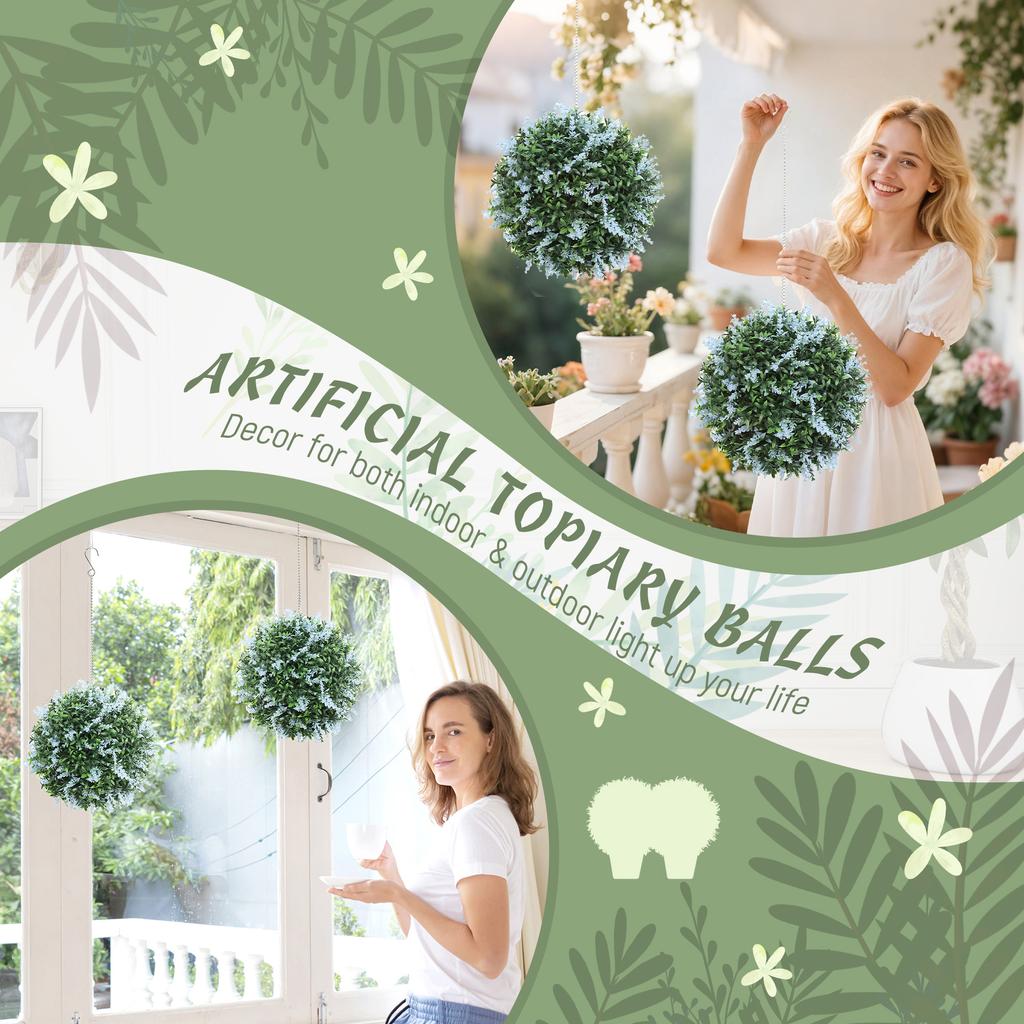 Set Of 2 Artificial Plant Topiary Balls UV Protected Fake Decorative Plants Blue