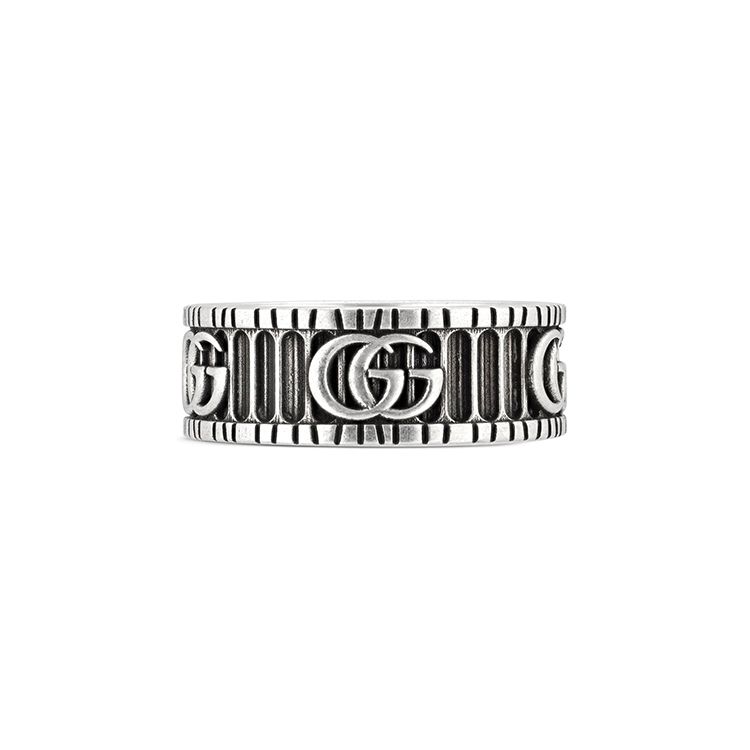 Gucci GG Marmont 3D Double G And Stripe Pattern Vintage Distressed Matte 925 Silver Ring Unisex Rings Black 551899-J8400-0811