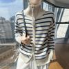 Women's High-Neck Striped Wool Cardigan - Warm, Skin-Friendly, Long Sleeve for Autumn & Winter