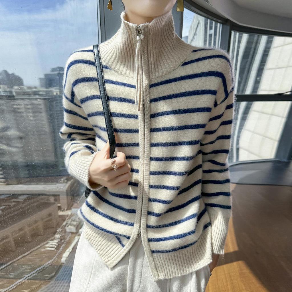 Women's High-Neck Striped Wool Cardigan - Warm, Skin-Friendly, Long Sleeve for Autumn & Winter