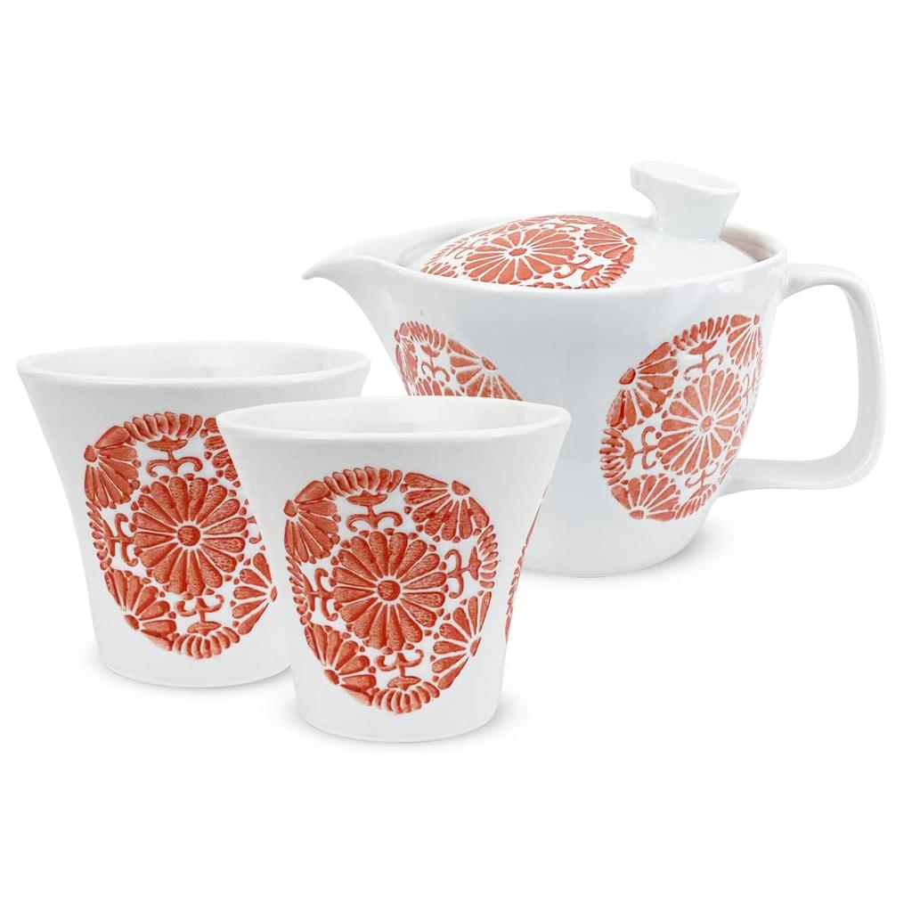 Kunzan Kiln Teapot Hasami Made in Japan and Pair of Stylish Tea 240cc and Serves 1 to Includes Tea Circle Flower Red J-kitchens Set, Ware, (Teapot