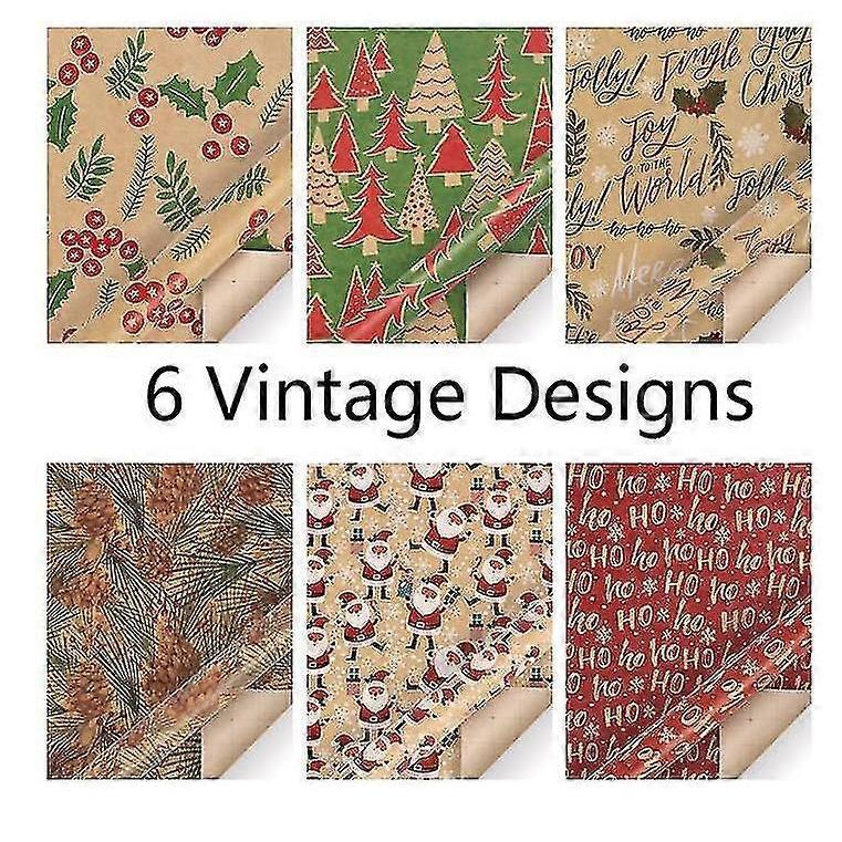 Christmas Wrapping Paper, Made From Recycled Kraft Paper, 6 Folded Sheets 100x44cm With 6 Vintage Designs - Pjun