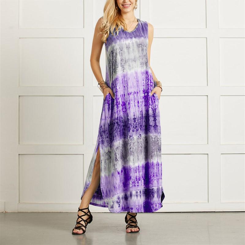 Summer Tie-dye Slit Irregular Hem Sleeveless Casual New Dress
