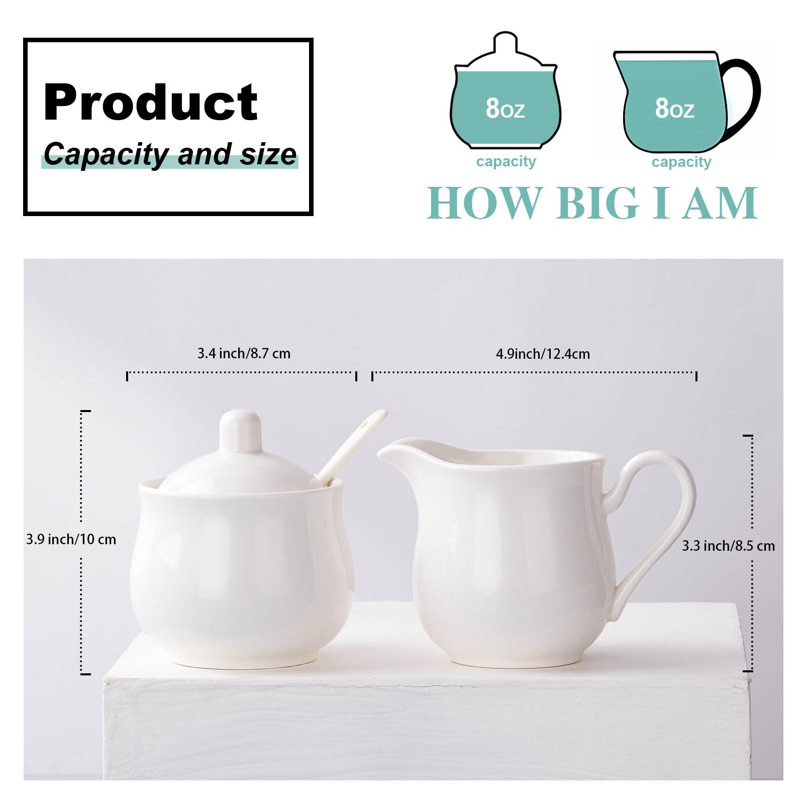 12 OZ Ceramic Sugar and Creamer Set, Coffee Serving Set, 3 Piece Cream Pitcher Sugar Bowl with Lid and Spoon