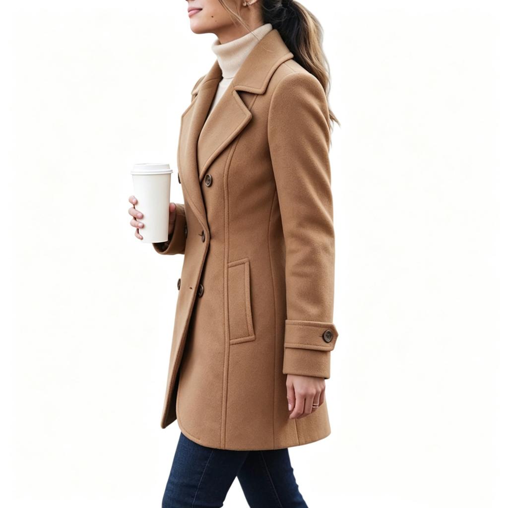 Dames Dubbelrijige Lange Wolle Overjas Losse Pasvorm voor Casual Dagelijkse Winterkleding