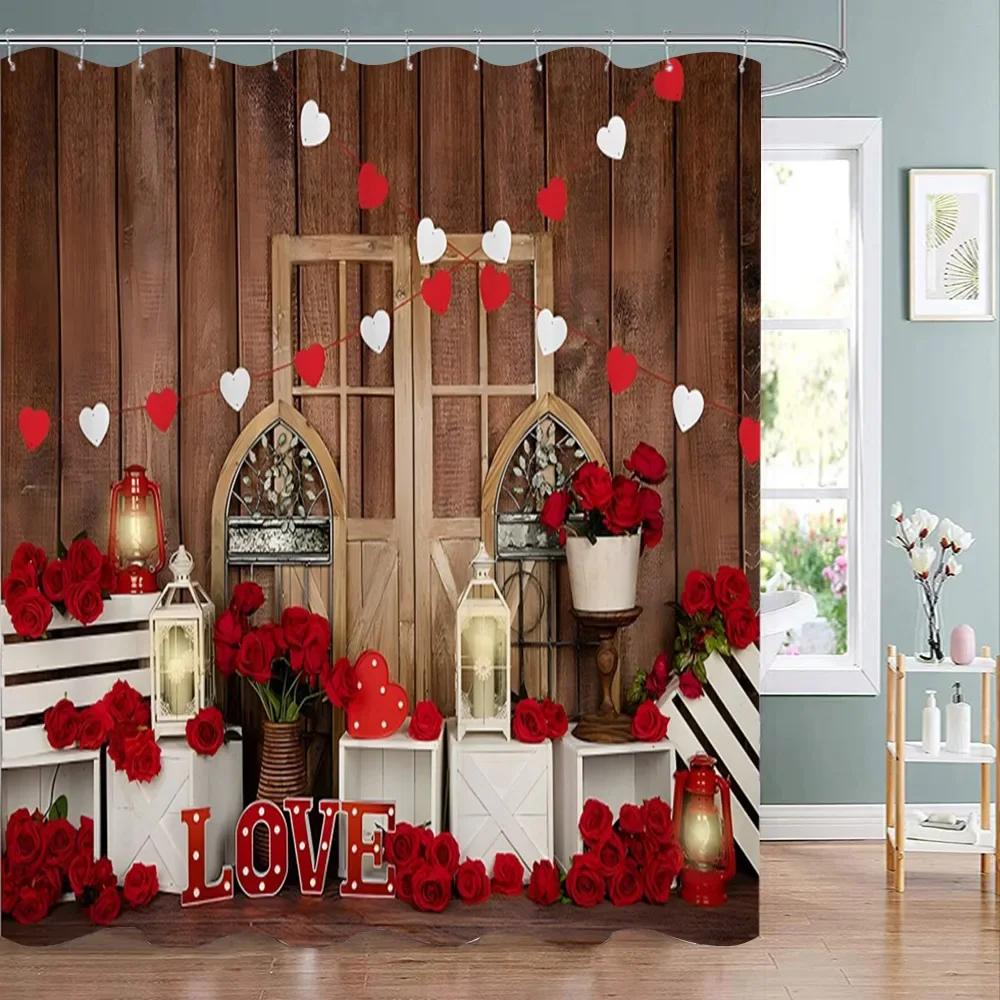 Valentine's Day Decoration Shower Curtain Holiday Gift Party Background Decoration Fabric Washable Shower Curtain Bathroom Decor