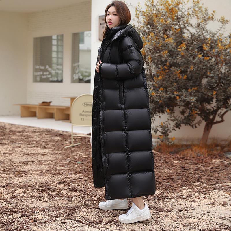 Aidanmeng Women's 2025 Black Gold Super Long Down Jacket - Knee-Length, Thick Winter Coat with 95% White Duck Down.