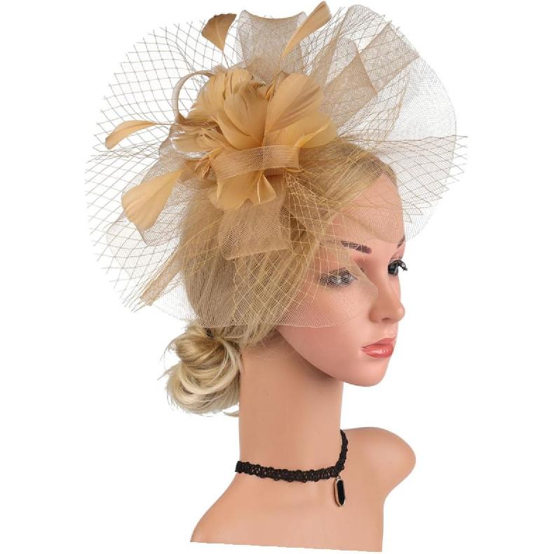 Milisten Fascinator Hat and Headband Mesh Cocktail Hair Clip for Women, Gold Color Wedding and Tea Party Special Occasion Accessory