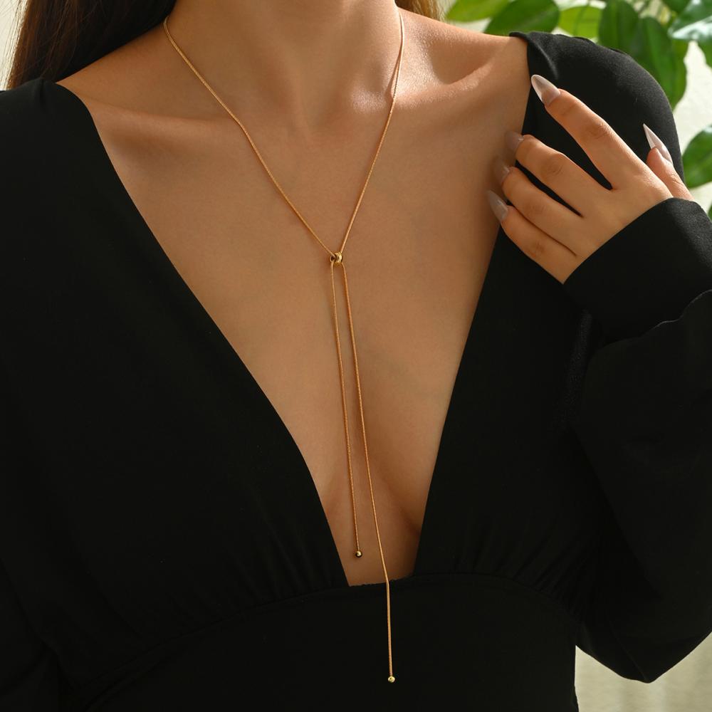 Retro Long Tassel Adjustable Necklace for Women Stainless Steel Thin Link Choker Necklace Temperament Sweater Chain Jewelry