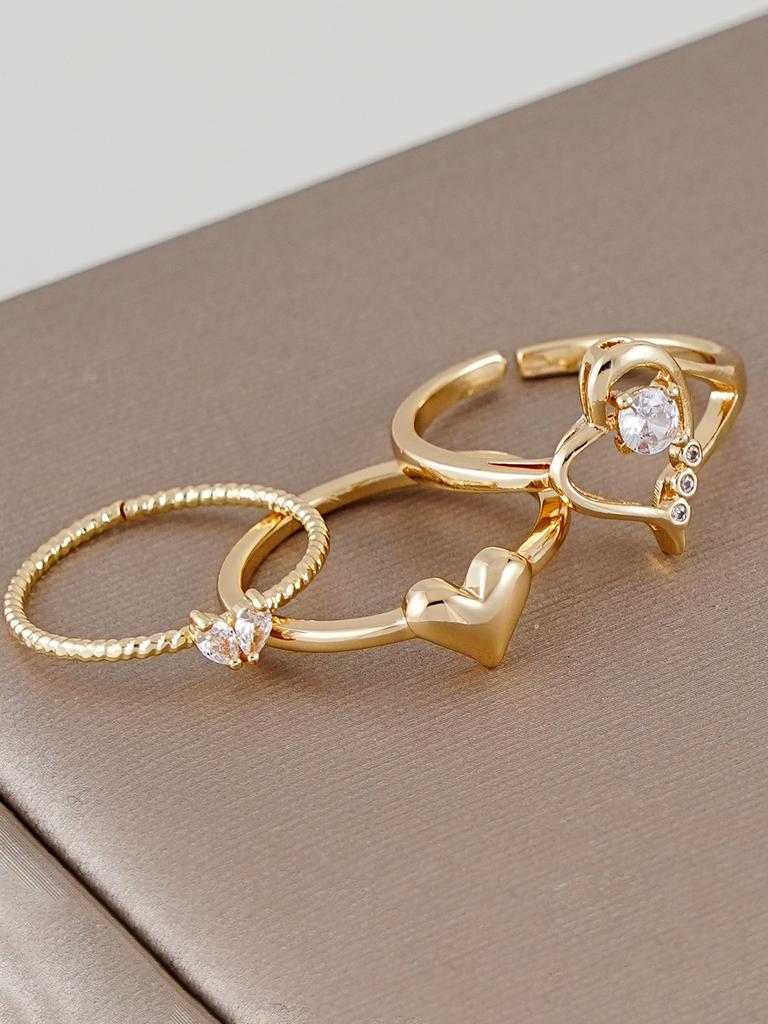 3pcs Set Cubic Zirconia Inlaid Heart Shaped Rings, Suitable For Women's Daily, Party, Date Wear, Stackable, Perfect Gift