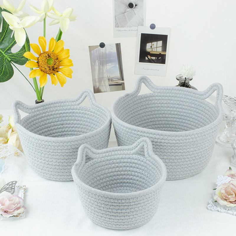 Cat Ears Desktop Storage Basket Handwoven Cartoon Storage Basket Living Room Key Cotton Rope Storage Basket Storage Basket