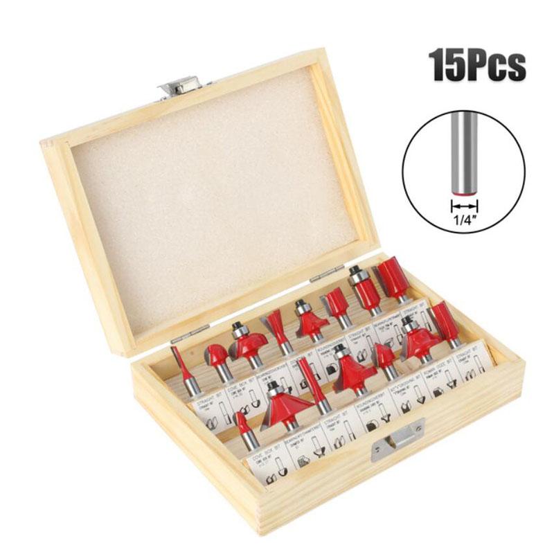 15pcs/set Woodworking Milling Cutters 6mm 1/4inch 8mmShank Carbide Router Bit For Wood Cutter Engraving Cutting Tools