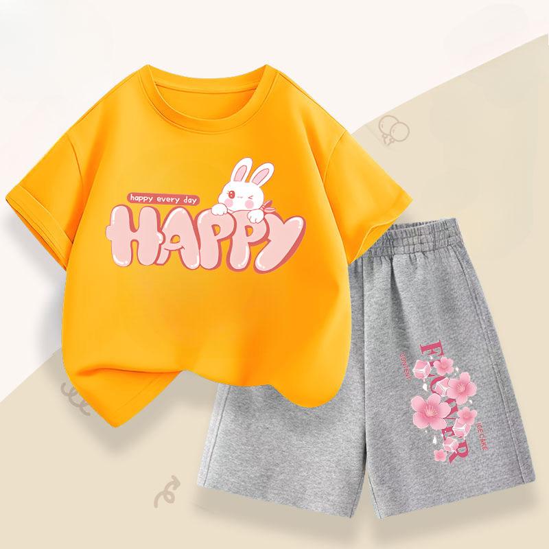 Summer Girls' Casual Set: Cute Rabbit Print Breathable T-shirt + Short-sleeved Pants Fashionable and Comfortable Set